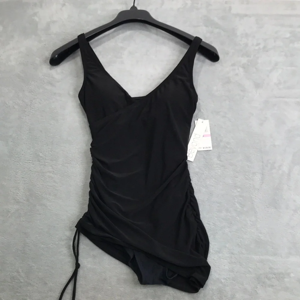 Beyond Control Black V Neck Cinching Swim Dress Size 6 New - Picture 1 of 12
